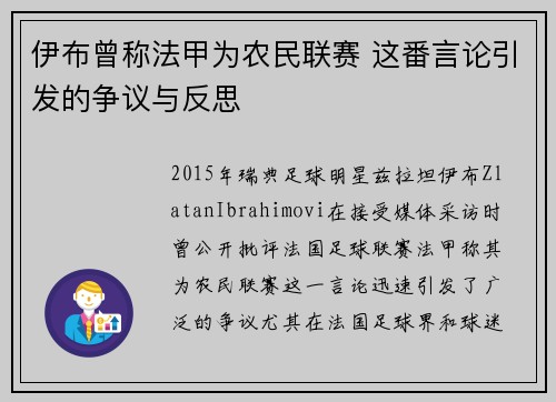 伊布曾称法甲为农民联赛 这番言论引发的争议与反思