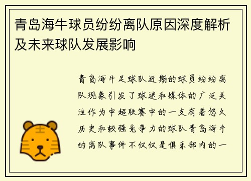 青岛海牛球员纷纷离队原因深度解析及未来球队发展影响