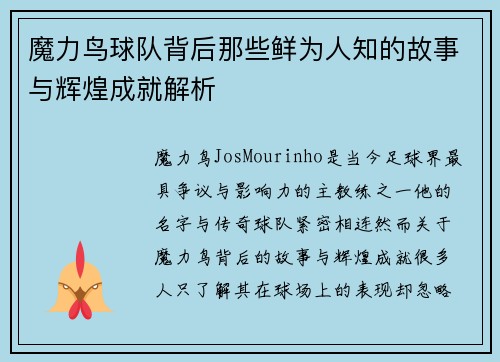 魔力鸟球队背后那些鲜为人知的故事与辉煌成就解析